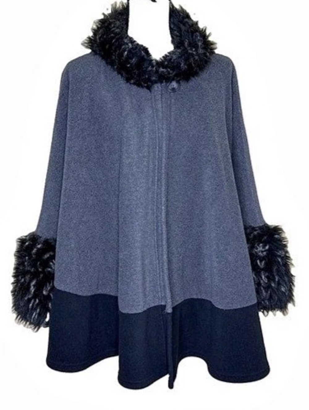 Dillard’s Gray Black Faux Fur Trim Colorblock Fleece Button Cape Shawl